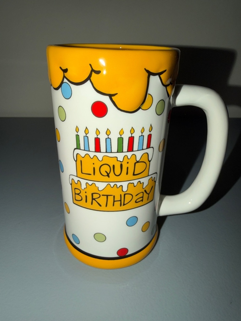 Tall Liquid Birthday Ceramic Mug - Yellow & White Polka Dot